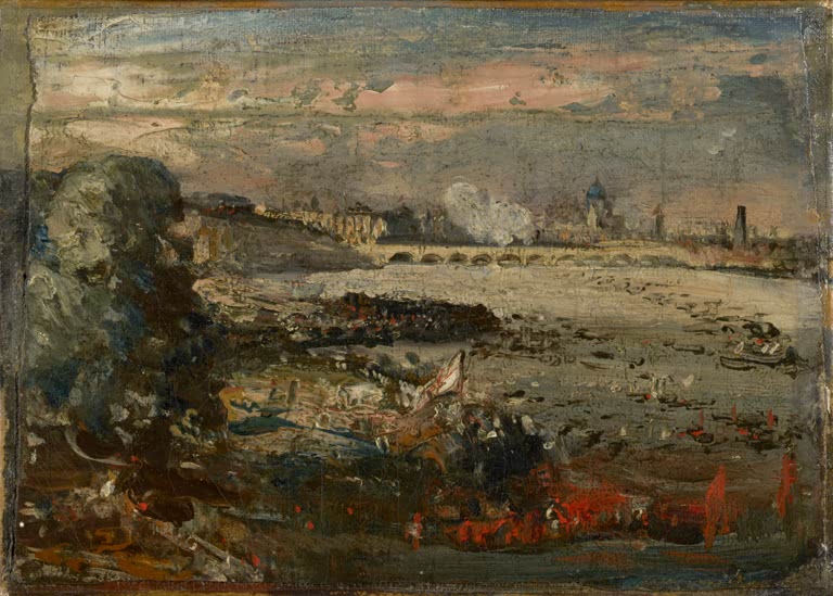 Rotbraune Themseskizze mit Brücke und Rauch – John Constable Entwurf für die Eröffnung der Waterloo Bridge Kunstkopie