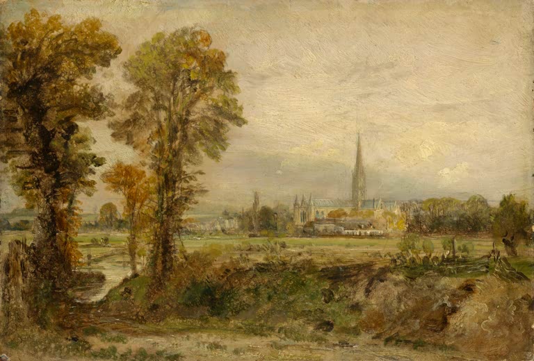 Goldgelbe Herbstbäume rahmen den Blick auf eine ferne Kathedrale – John Constable Fernblick auf die Kathedrale Kunstkopie