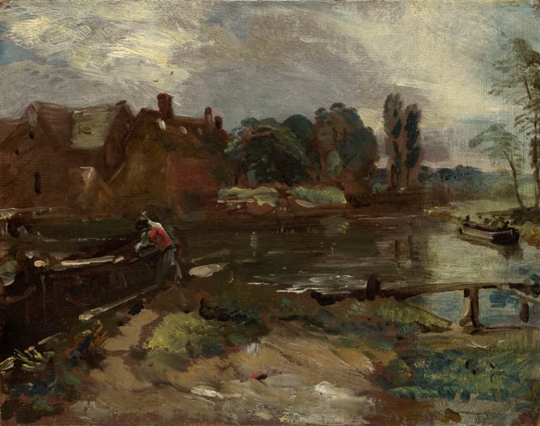 Ruhiger Flusslauf mit Backsteinmühle, Kahn und kleiner Holzbrücke – John Constable Flatford-Mühle von der Schleuse Kunstkopie