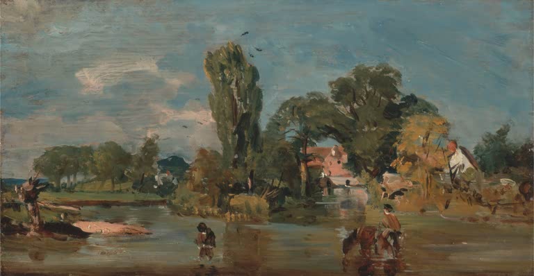 Fluss mit Bäumen, Häusern und Menschen, die durchs Wasser waten – John Constable Flatford-Mühle Kunstkopie