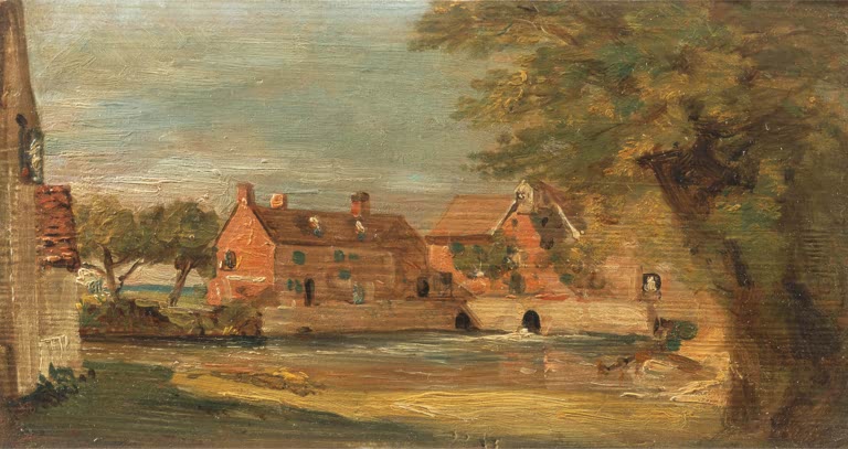 Rotes Mühlengebäude am Wasser, rechts ein großer Baum – John Constable Flatford-Mühle Kunstkopie