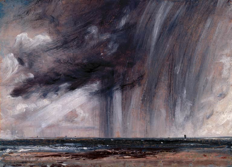 Dunkle Regenwand fällt aus schweren Wolken über das offene Meer – John Constable Gewitterregen über dem Meer Kunstkopie