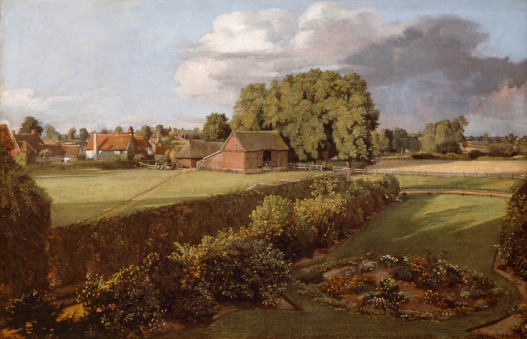 Garten mit Hecke, Wiese, Bauernhäusern, Bäumen – John Constable Goldings Constables Blumengarten Kunstkopie