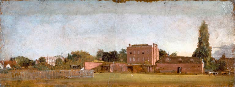 Backsteinhaus mit Scheune und Pappel hinter Wiese – John Constable Goldings Constables Haus Kunstkopie