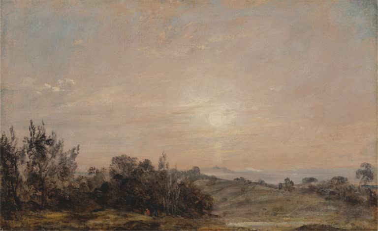 Sonne sinkt hinter niedrigen Büschen über der Heide – John Constable Hampstead Heath mit Blick auf Harrow Kunstkopie