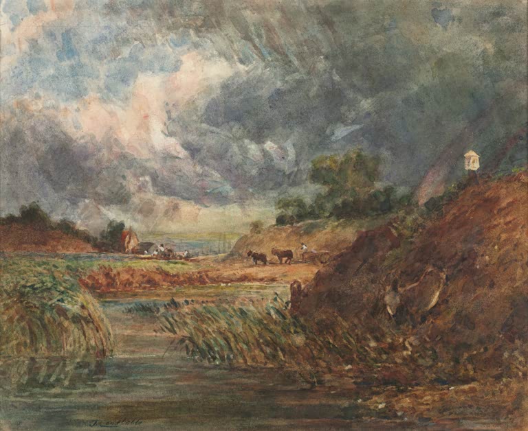 Gewitterhimmel über einem Schilfteich mit Pferden, Hügel und kleinem Turm – John Constable Hampstead Heath Kunstkopie