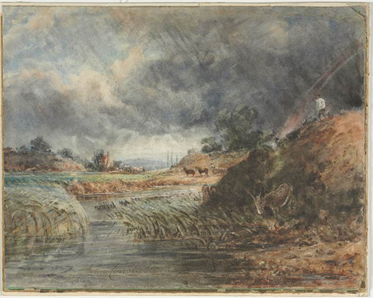 Dunkle Gewitterwolken über Teich, Schilf und sandigem Hügel mit Pferdegespann – John Constable Hampstead Heath Kunstkopie