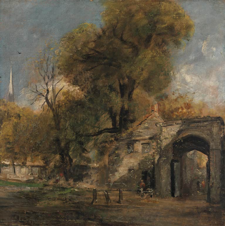 Steinernes Torhaus zwischen großen Bäumen, im Hintergrund ein Kirchturm – John Constable Harnham Gate, Salisbury Kunstkopie