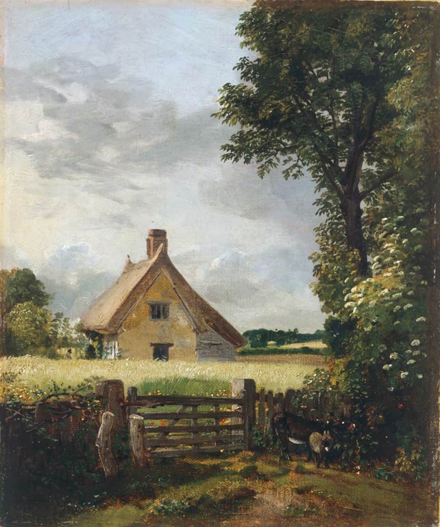 Strohgedecktes Haus hinter Gatter und hohen Bäumen auf einem Kornfeld – John Constable Hütte auf einem Kornfeld Kunstkopie