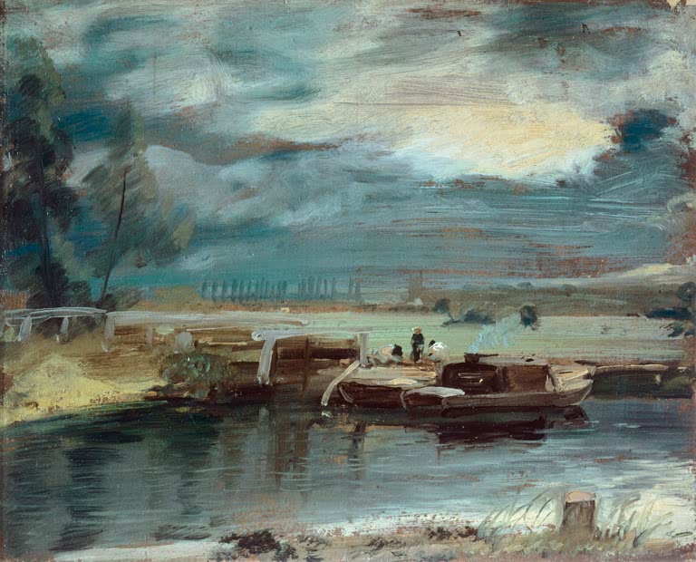 Schleuse und Kahn am Fluss unter düsterem blaugrünem Himmel – John Constable Kähne auf der Stour Kunstkopie