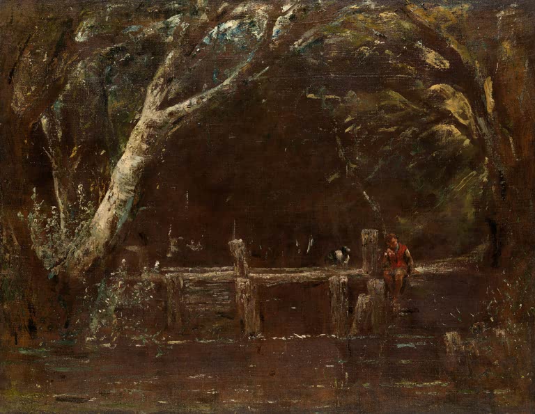 Dunkle Bäume über einer Holzschleuse, zwei Figuren am Wasser – John Constable Landschaft (Die Schleuse) Kunstkopie