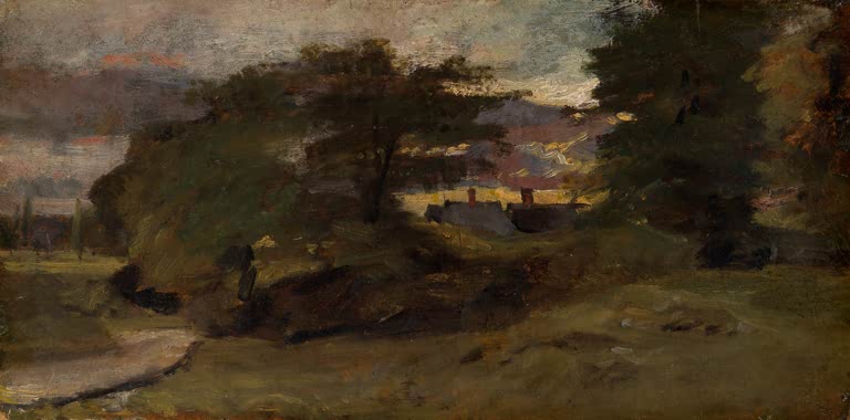 Dunkle Baumkulisse mit Hütten im Abendlicht und einem Weg – John Constable Landschaft mit Hütten Kunstkopie