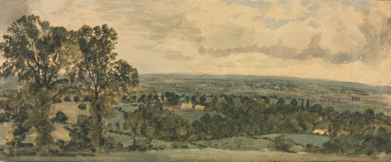 Aquarellierte Weitblicklandschaft mit großen Bäumen und hellem Wolkenhimmel – John Constable Landschaft Kunstkopie