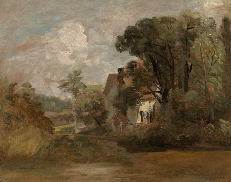 Landhaus zwischen hohen Bäumen unter Wolken – John Constable Landschaftsskizzen mit Bäumen Kunstkopie