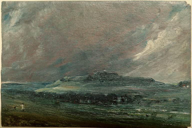 Grüner Hügel unter schweren Wolken am Horizont – John Constable Old Sarum Kunstkopie