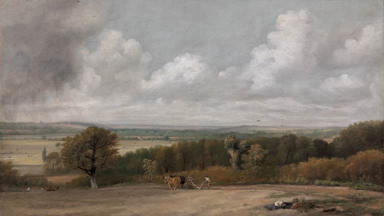 Pflügender Bauer auf einem Feld vor Baumreihe und weiter Ebene – John Constable Pflugszene in Suffolk Kunstkopie