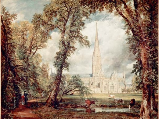 Blick durch hohe Bäume auf die Kathedrale, Kühe im Wasser davor – John Constable Salisbury Cathedral Kunstkopie