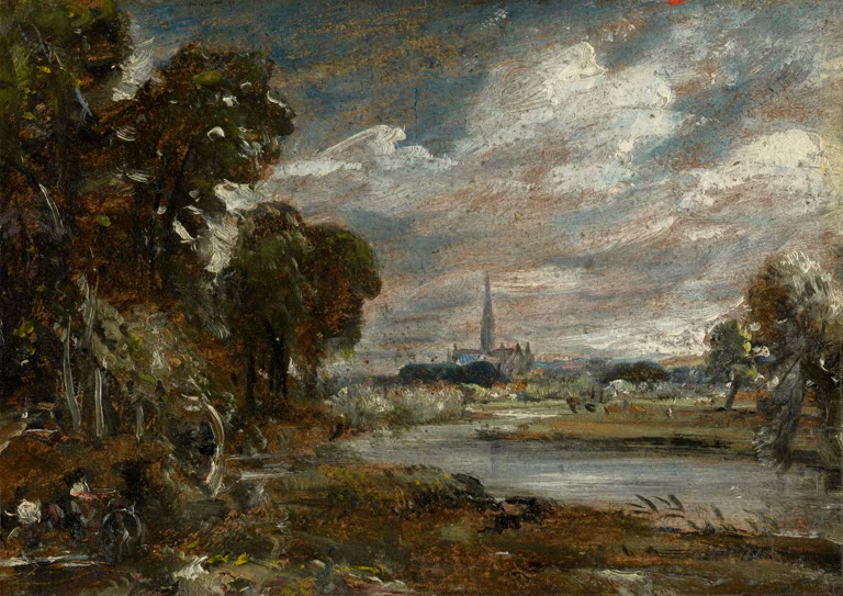 Fluss unter Wolkenhimmel, fern ein Kirchturm hinter Bäumen – John Constable Salisbury Cathedral vom Fluss Nadder Kunstkopie