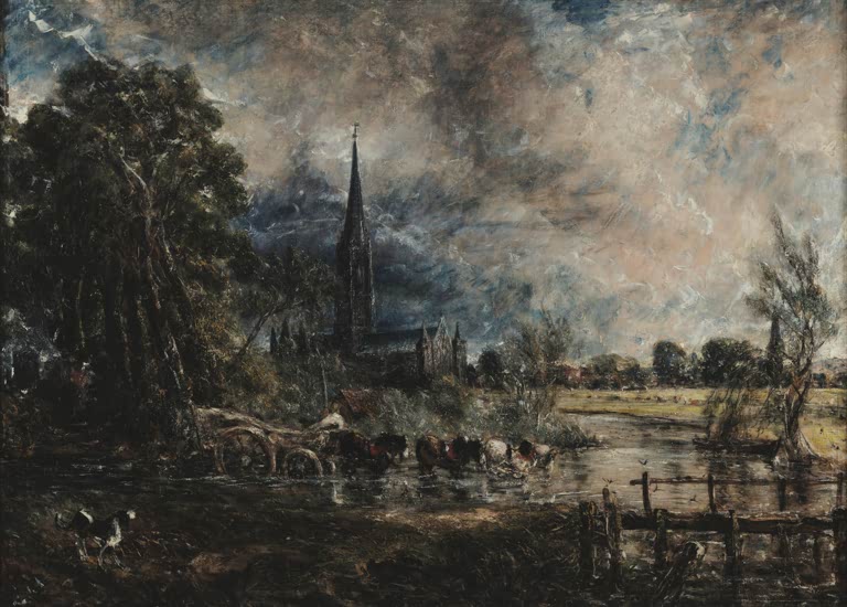 Kathedralturm hinter dunklen Bäumen, vorn ein Fuhrwerk im Wasser – John Constable Salisbury Cathedral Kunstkopie