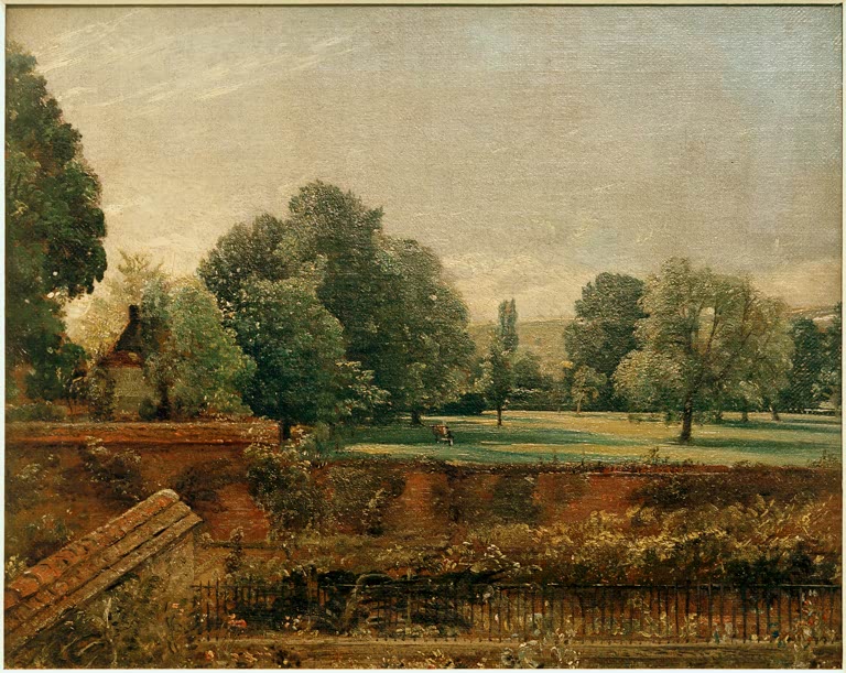Parkwiese mit Laubbäumen hinter einer Gartenmauer – John Constable Salisbury vom Haus des Erzdiakon Fisher Kunstkopie