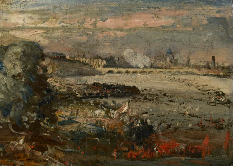 Themse mit Menschenmenge, Rauch und Brücke am Horizont – John Constable Skizze zur Eröffnung der Waterloo Bridge Kunstkopie