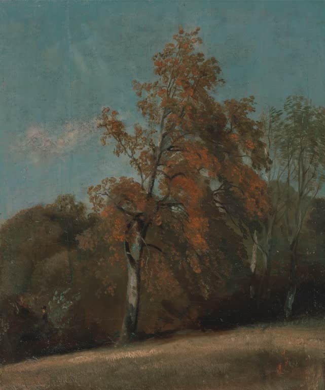 Esche mit orangefarbenem Herbstlaub vor blaugrünem Hintergrund – John Constable Studie einer Esche Kunstkopie