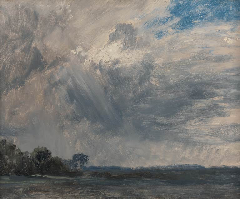 Dramatischer Wolkenhimmel mit Regenschleiern über dunklem Wasser – John Constable Studie eines bewölkten Himmels Kunstkopie