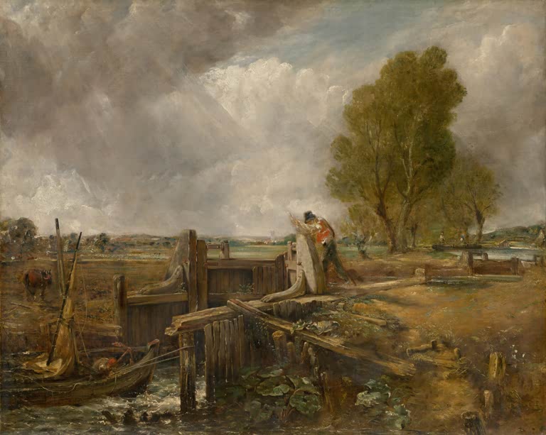 Arbeiter an hölzerner Schleuse, ein Boot und dunkle Wolken – John Constable Studie eines Bootes an der Schleuse Kunstkopie