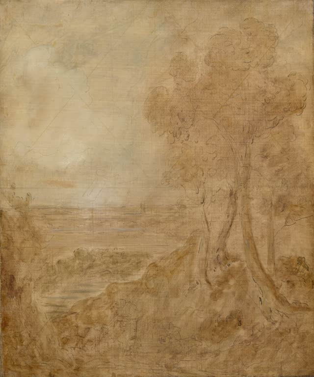 Braun getönte Skizze mit Bäumen auf einem Hügel und weitem Blick – John Constable Dedham Vale Kunstkopie
