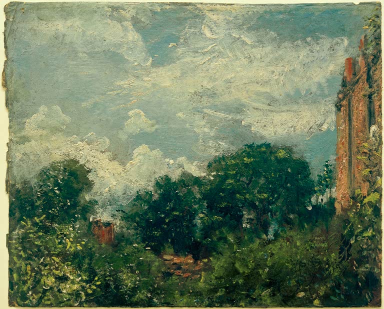 Dichte Bäume und bewölkter Himmel, rechts ein rotes Backsteinhaus – John Constable Studie von Himmel und Bäumen Kunstkopie