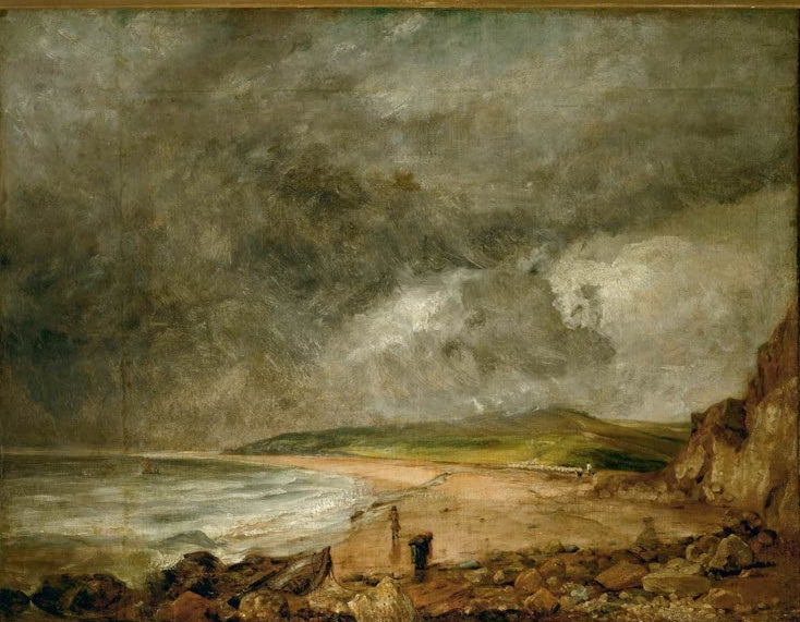 Bucht mit Sandstrand und Felsen unter Gewitterwolken – John Constable The bay of Weymouth before a thunderstorm Kunstkopie