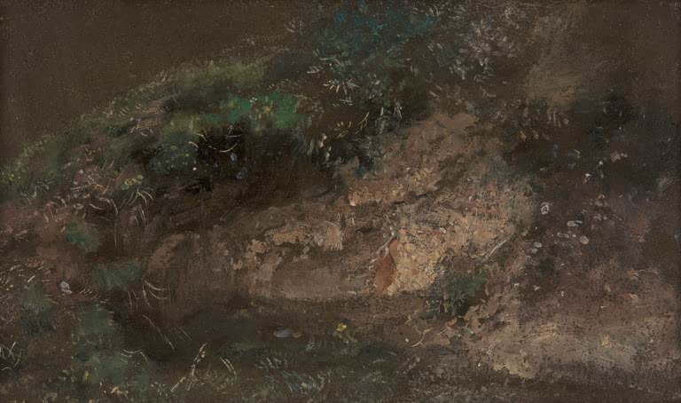 Moosiger, bewachsener Erdhang mit Gras und Blättern in dunklen Tönen – John Constable Unterholz Kunstkopie