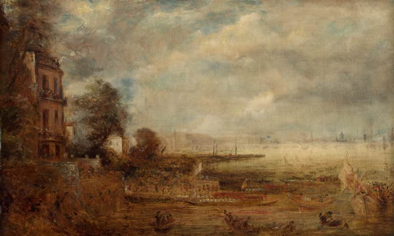 Themseufer mit Stufen und Gebäude links, im Dunst die Brücke – John Constable Waterloo-Brücke vom Whitehall Kunstkopie
