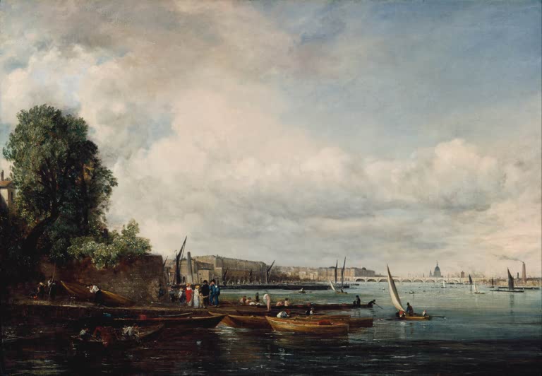 Themse mit Booten, Uferhäusern und fernen Kuppeln unter weiten Wolken – John Constable Waterloo-Brücke Kunstkopie