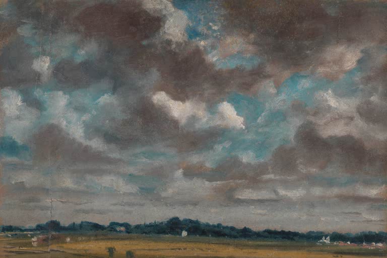 Flache Weite unter dunkelgrauen Wolken mit blauen Lücken – John Constable Weite Landschaft mit grauen Wolken Kunstkopie