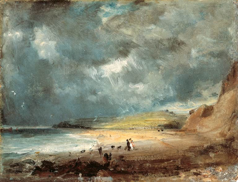 Küstenbucht mit Spaziergängern, Klippe und dunklen Sturmwolken – John Constable Weymouth Bay Kunstkopie