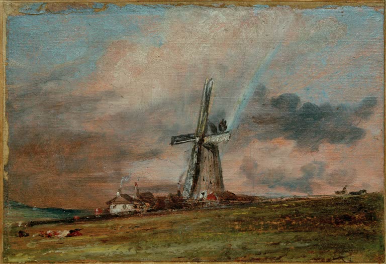 Windmühle auf grüner Anhöhe mit Regenbogen vor dunklen Wolken – John Constable Windmühle mit Regenbogen Kunstkopie