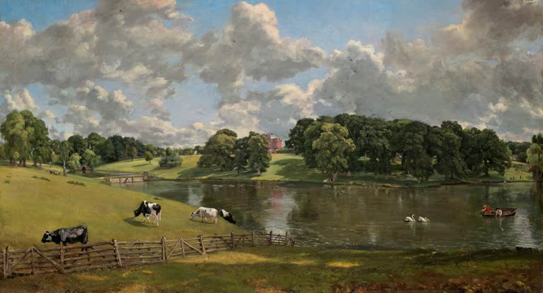 Parklandschaft mit Kühen am See, Ruderboot und Herrenhaus zwischen Bäumen – John Constable Wivenhoe Park, Essex Kunstkopie