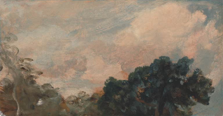 Rosa angeleuchtete Wolken über einem dunklen Baum – John Constable Wolkenstudie mit Bäumen Kunstkopie