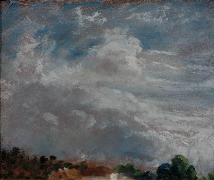 Graublaue Wolkenmassen über niedrigem Horizont mit Bäumen – John Constable Wolkenstudie über einem Horizont Kunstkopie