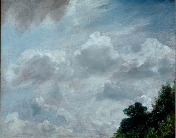 Heller Himmel mit weißen Haufenwolken, rechts unten dunkles Laub – John Constable Wolkenstudien in Hampstead Kunstkopie