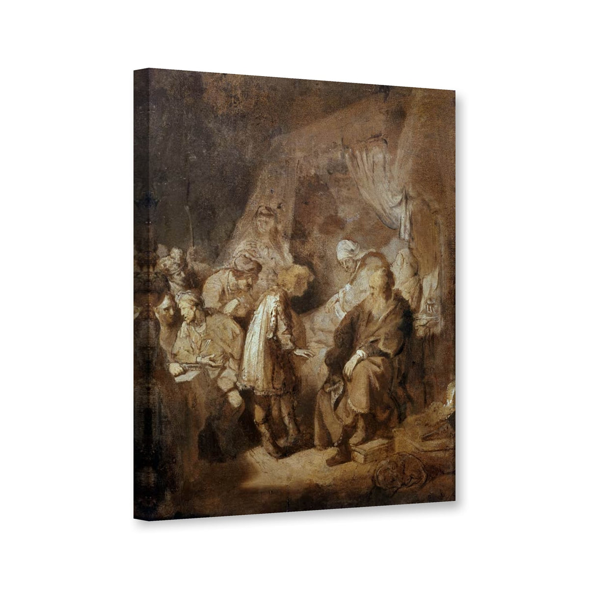 Joseph seine Träume erzählend von Rembrandt van Rijn als Leinwand – Perspektivansicht