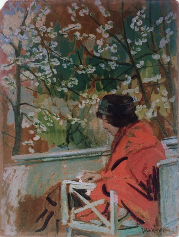 Julie Wolfthorn Anna Muthesius im Garten Nikolassee Kunstkopie, Frau im roten Mantel unter blühendem Baum am Gartenstuhl