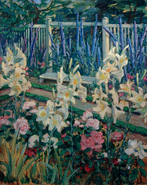 Julie Wolfthorn Lilien im Garten Muthesius Kunstkopie, weiße Lilien und rosa Rosen vor Gartenbank und blauem Rittersporn
