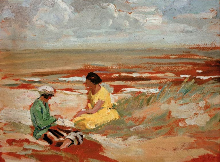 Julie Wolfthorn Zwei Frauen am Strand Kunstkopie, zwei Frauen in grüner und gelber Kleidung in roten Dünen am Meer