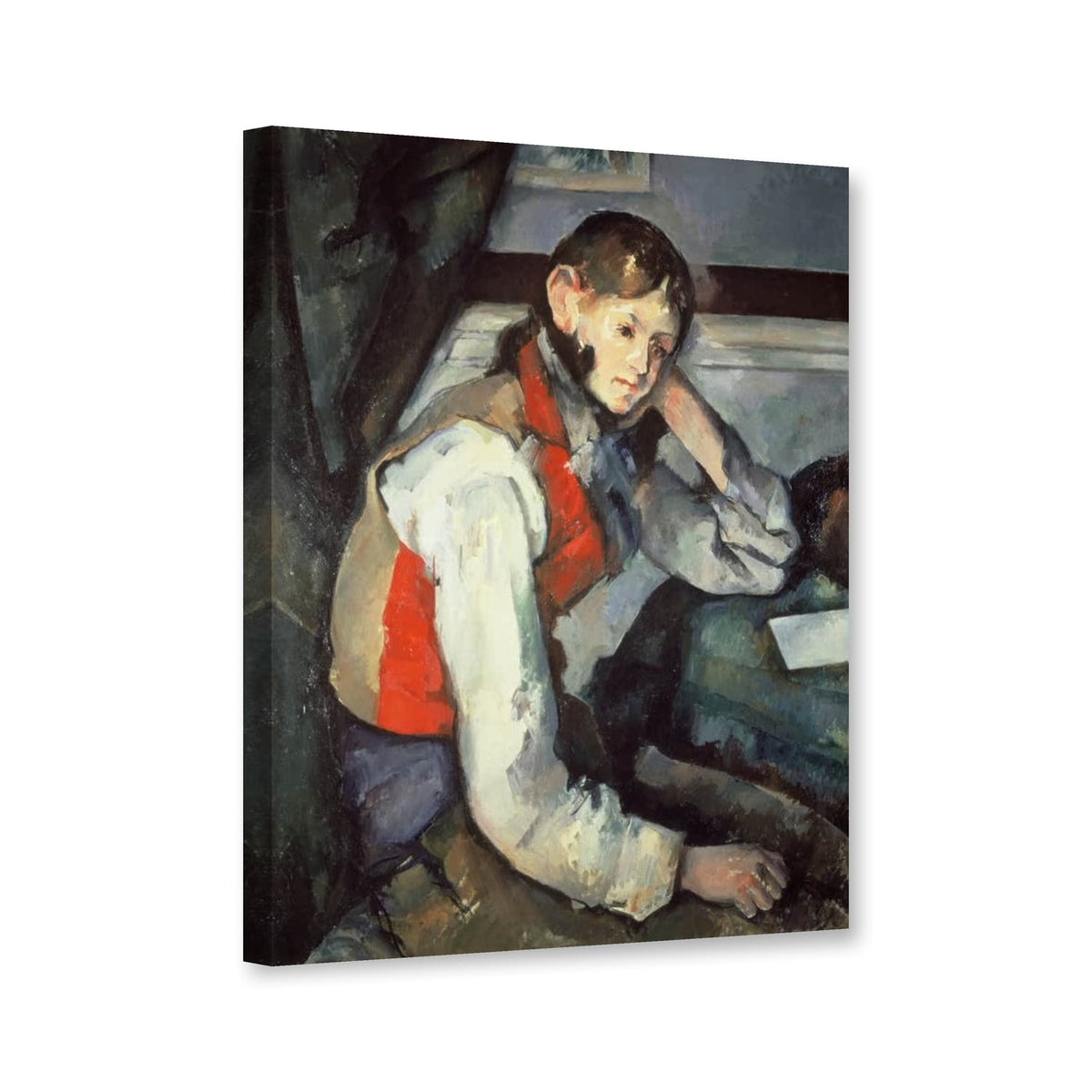 Junger Mann mit roter Weste von Paul Cézanne als Leinwand – Perspektivansicht