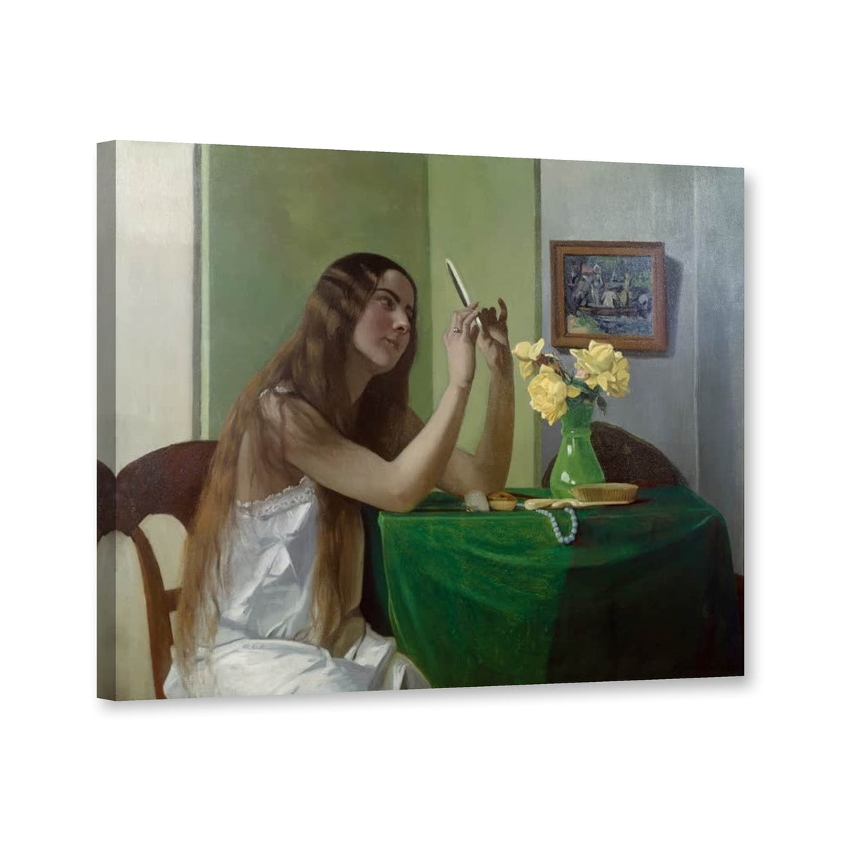 Junges Mädchen mit Spiegel und gelben Rosen von Félix Vallotton als Leinwand – Perspektivansicht