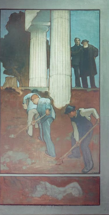 Drei Arbeiter graben vor dorischen Säulen, zwei Männer sehen zu – Karoly Ferenczy Archäologie Kunstkopie