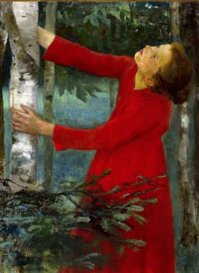 Frau im roten Kleid umarmt einen Birkenstamm im Wald – Karoly Ferenczy Vogelgezwitscher Kunstkopie