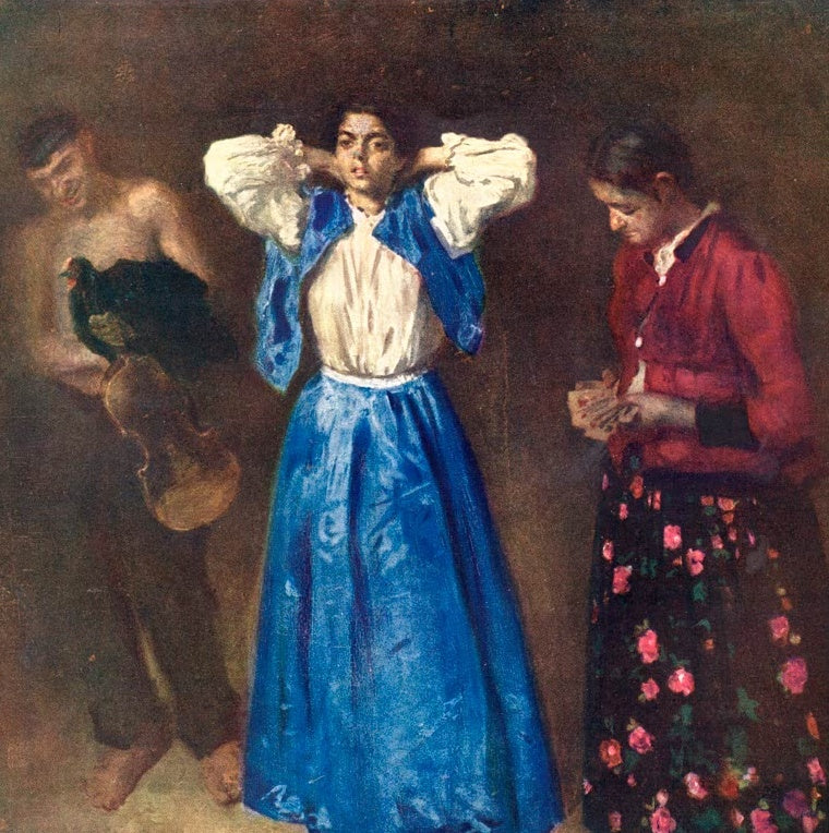 Frau im blauen Rock zwischen Geiger und Kartenspielerin im Dunkel – Karoly Ferenczy Zigeuner Kunstkopie